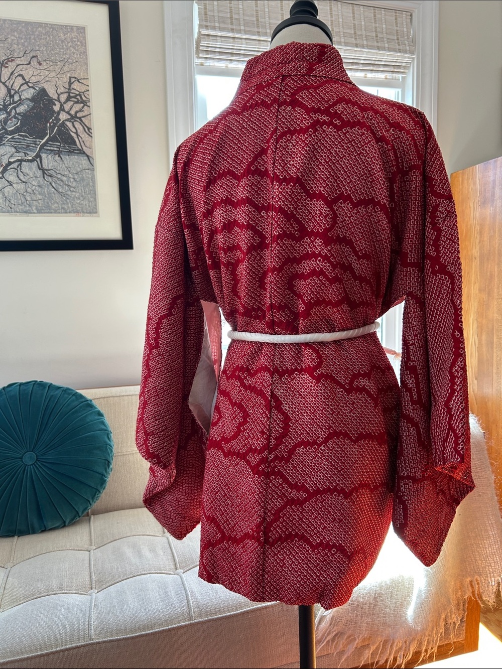 Stunning Vintage Silk Haori Kimono Jacket – Crimson & White Kanoko Shibori - Picture 8 of 14